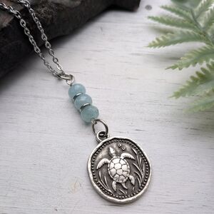 Sea Turtle Pendant Necklace with Aquamarine Beads - Women Jewelry